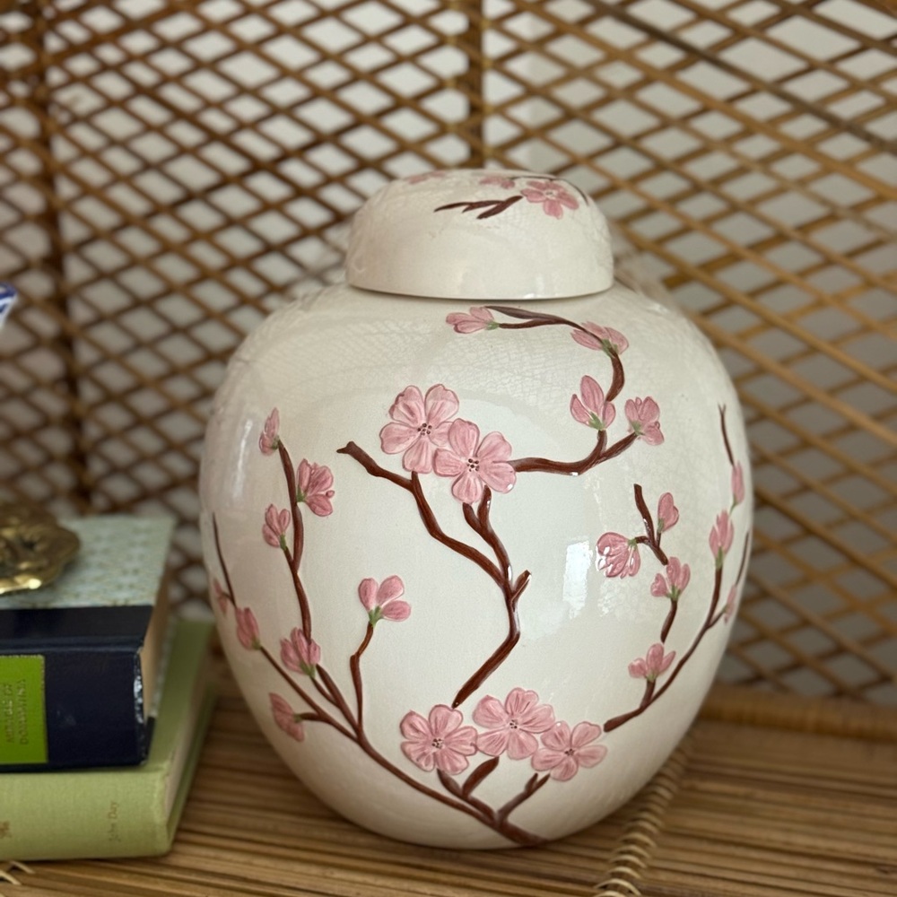 Ceramic Cherry blossom ginger jar with lid